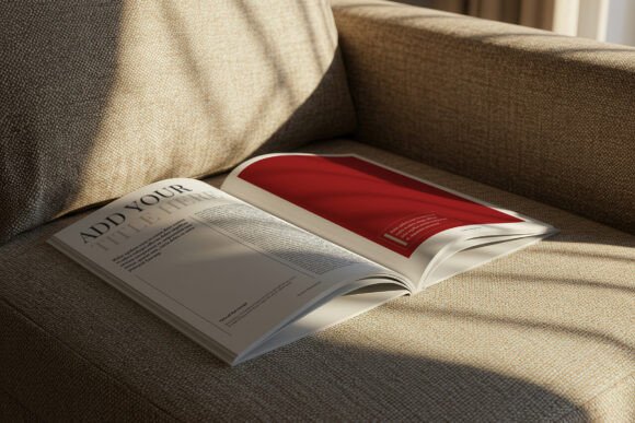 Download Open Magazine on Sofa Soft Light Mockup - Premium Resources