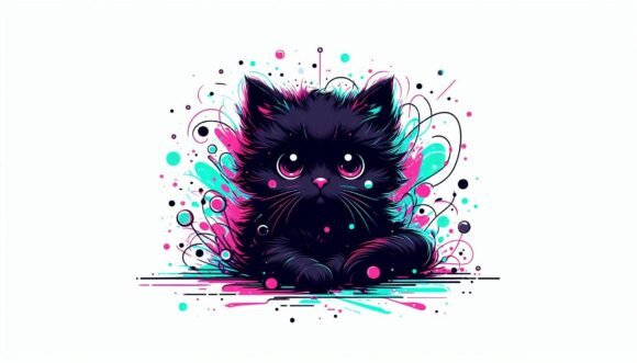 Download Adorable Black Kittenwith Neon Splashes - Neon splash Collection